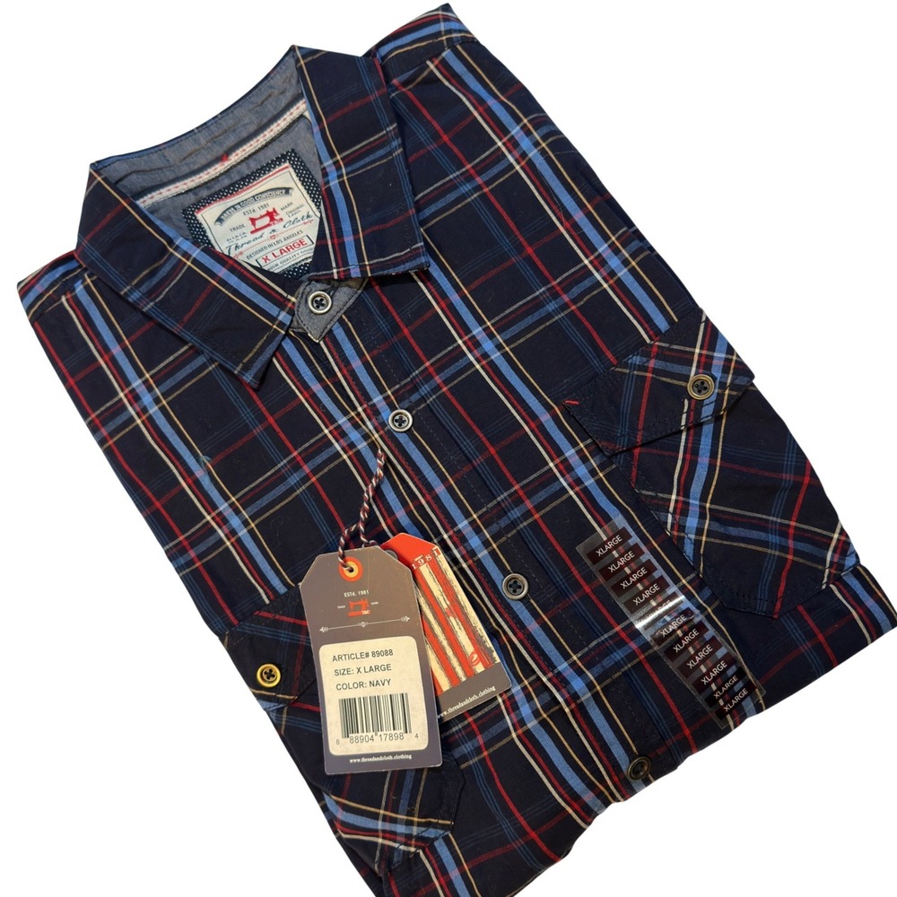 Thread & Cloth‎ Shirt Navy Plaid 100% Cotton Short Sleeve XL NWT